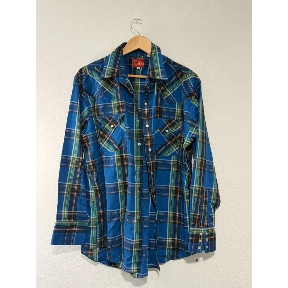 Ely Plains Western Shirt Men's L Blue Plaid Pearl Snap Long Sleeve Cowboy